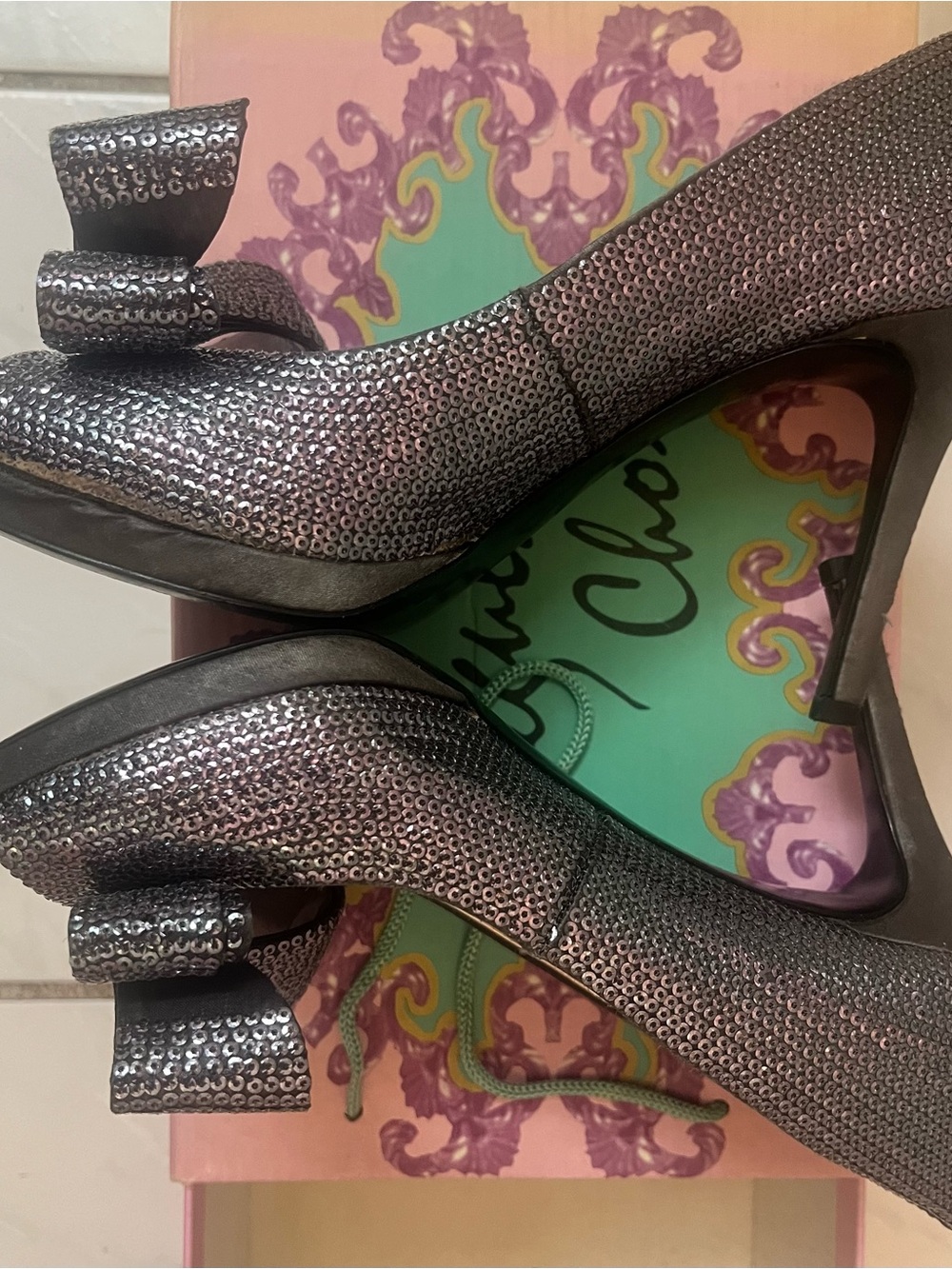 Moda Silver Sequin Bow Heels for Women